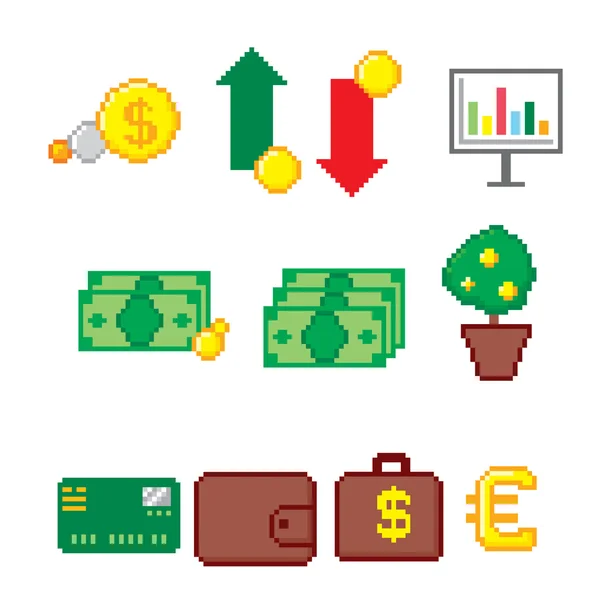 Conjunto de iconos de negocios y finanzas. Pixel art. Estilo gráfico de computadora de la vieja escuela . — Vector de stock