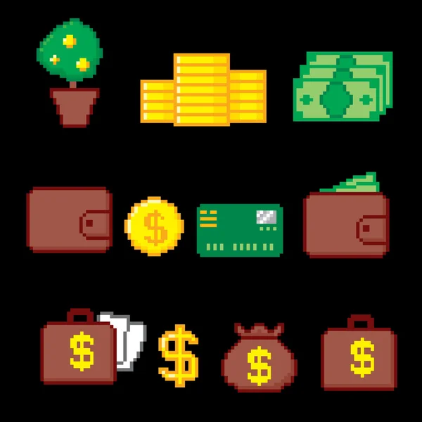 Conjunto de iconos de negocios y finanzas. Pixel art. Estilo gráfico de computadora de la vieja escuela . — Vector de stock