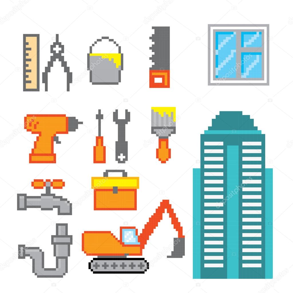 Construction  icons set. Pixel art. Old school computer graphic style.