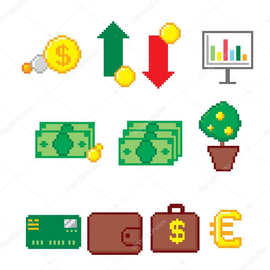 Business and finance icon set. Pixel art. Old school computer graphic style.