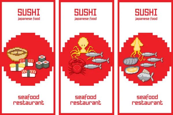 Banner concept for sushi restaurant. Old school computer graphic style. — Stock Vector