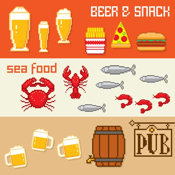 Conjunto de pixel de banner de cerveja e lanches . —  Vetores de Stock