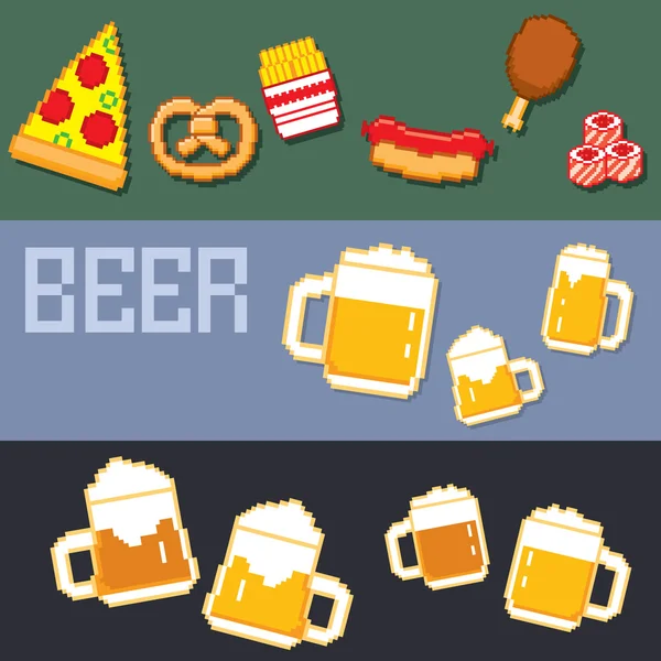 Cerveza y bocadillos conjunto de píxeles de bandera . — Vector de stock