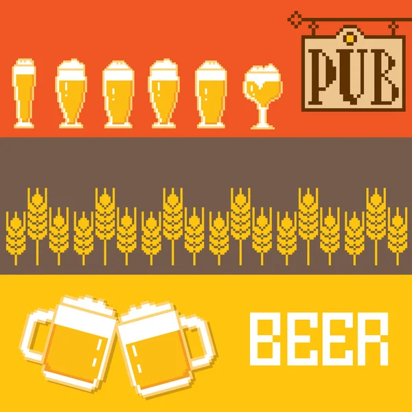 Beer and snacks banner pixel set. — Stock Vector