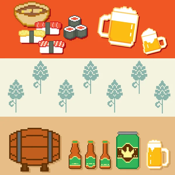 Set di birre e snack banner pixel . — Vettoriale Stock