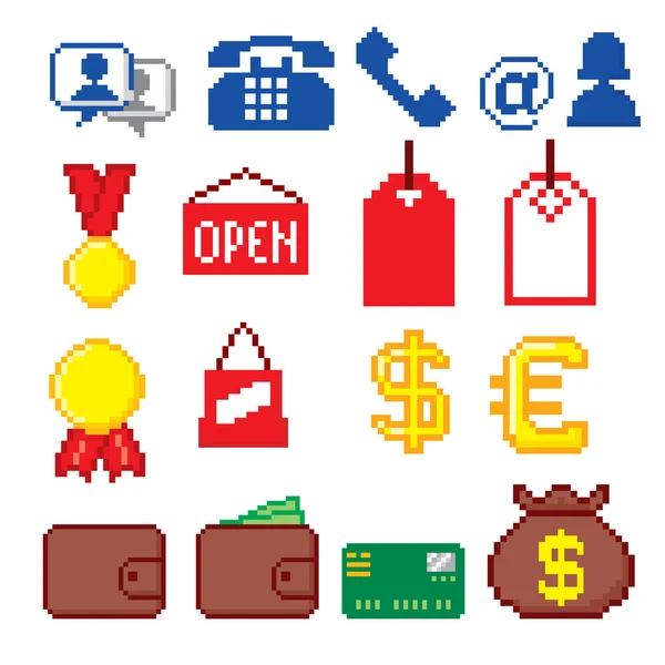 Shopping pixel icons set. Pixel art. Old school computer graphic style. — Stock Vector