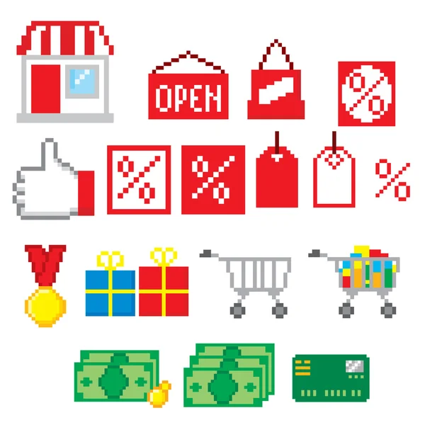 Shopping pixel icons set. Pixel art. Old school computer graphic style. — Stock Vector