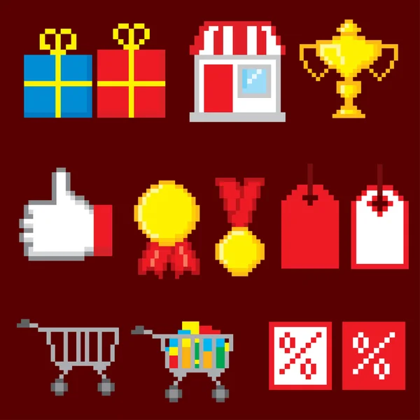 Icônes de pixel shopping réglées. Pixel art. Vieux style informatique graphique de l'école . — Image vectorielle