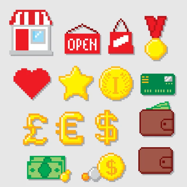 Conjunto de iconos de píxeles de compras. Pixel art. Estilo gráfico de computadora de la vieja escuela . — Vector de stock