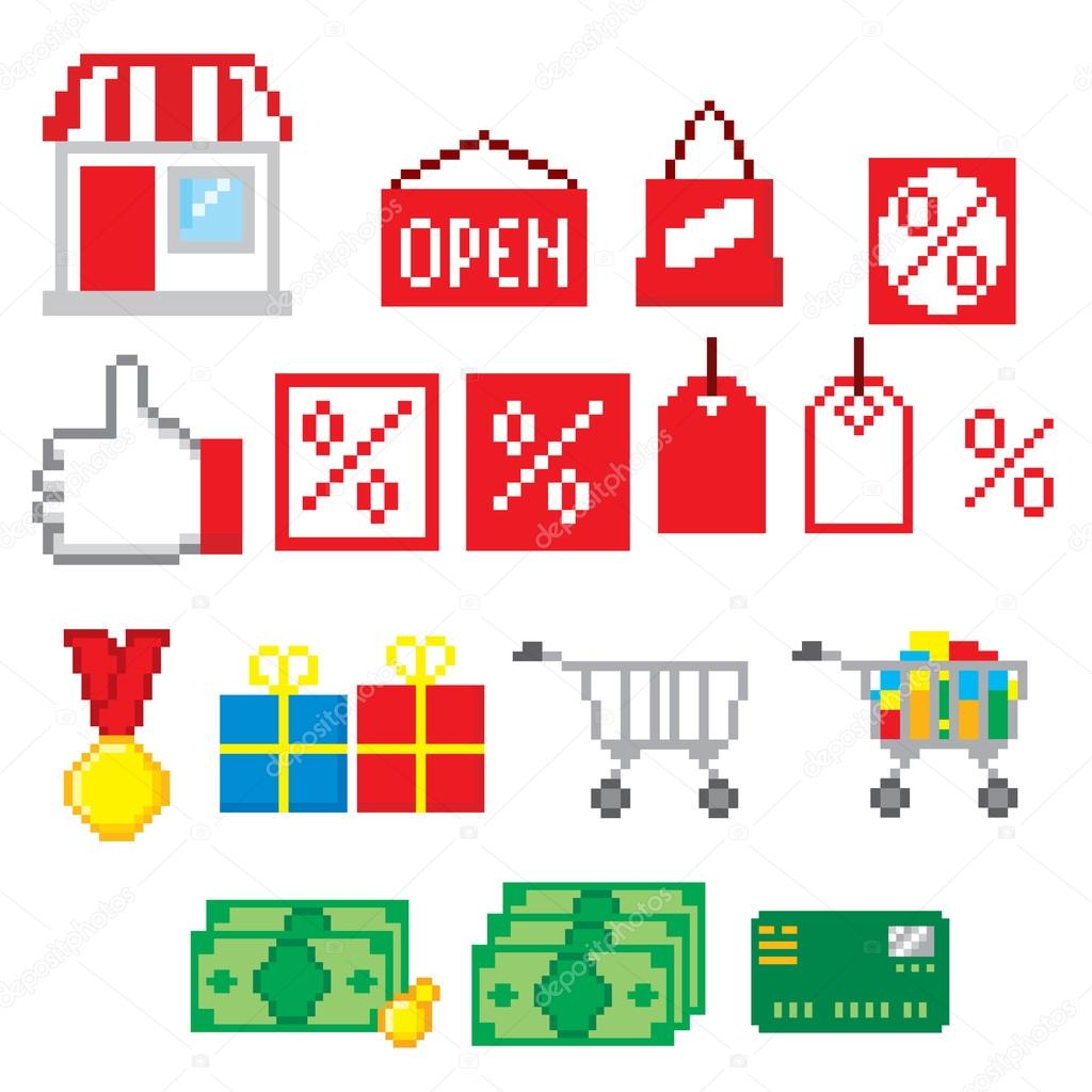Shopping pixel icons set. Pixel art. Old school computer graphic style.