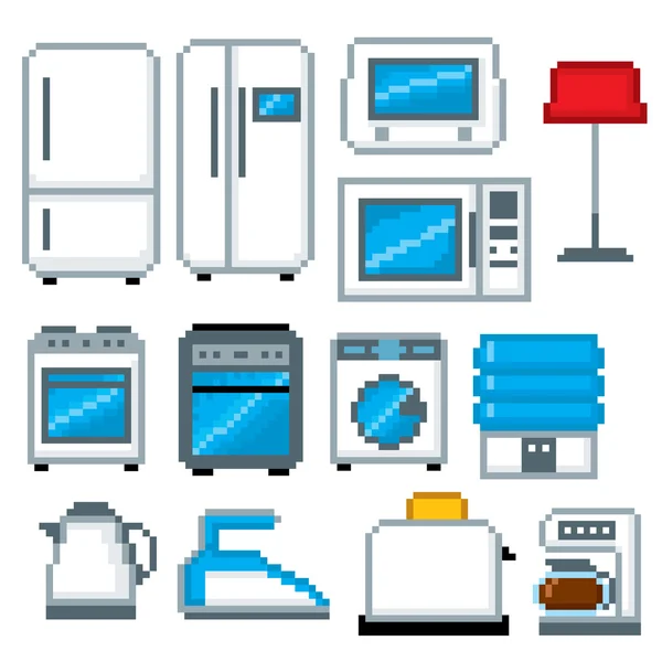 Set di icone per elettrodomestici. Pixel art. Stile grafico del computer vecchia scuola . — Vettoriale Stock