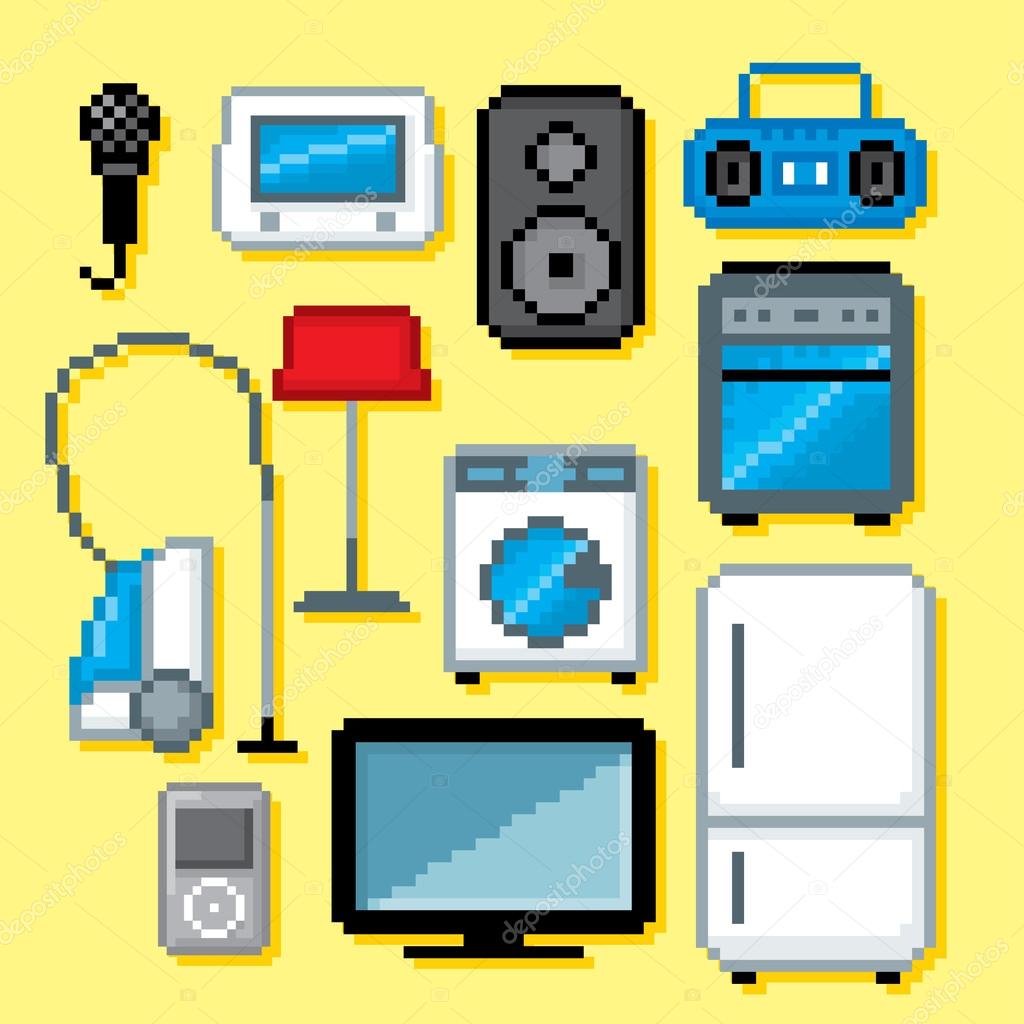 Household appliances icon set. Pixel art. Old school computer graphic style.