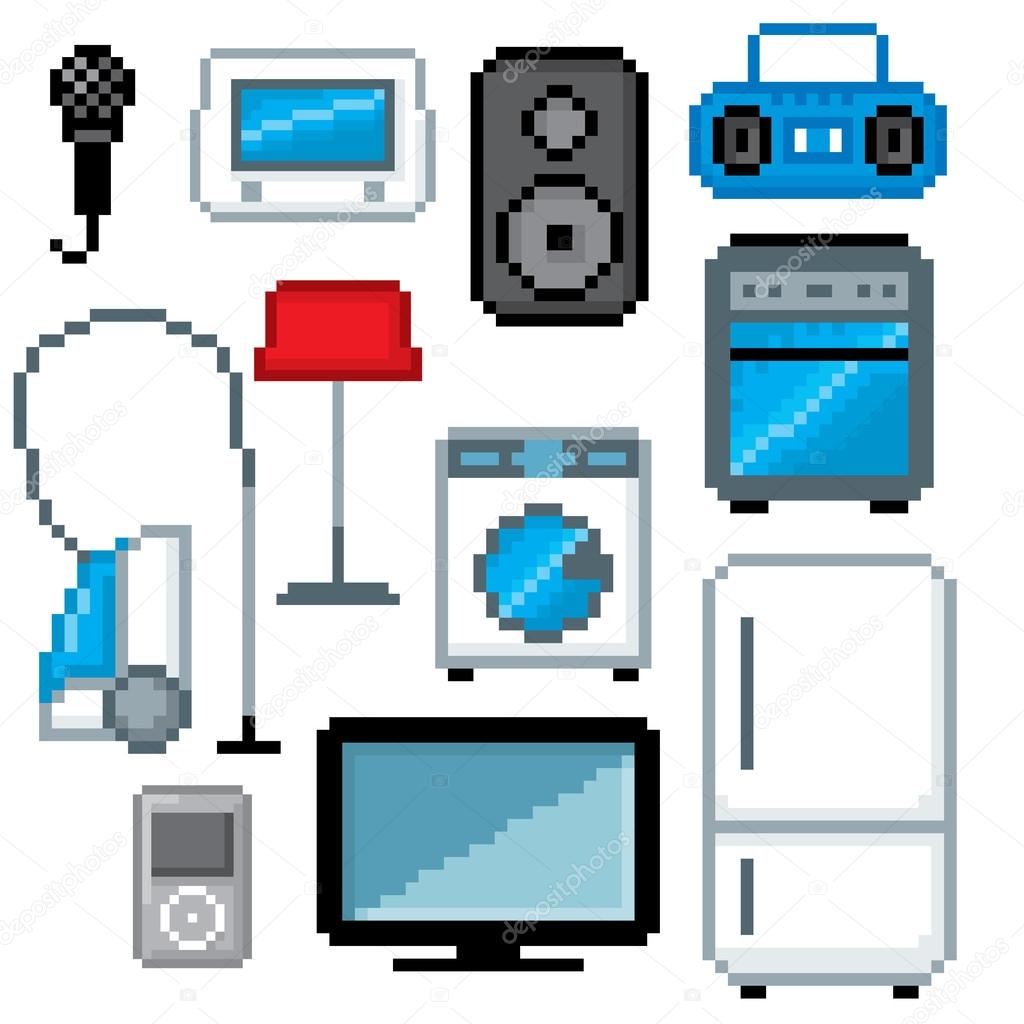 Household appliances icon set. Pixel art. Old school computer graphic style.