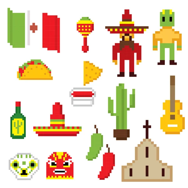 Símbolos da cultura do México conjunto ícones. Arte Pixel. Estilo gráfico de computador da velha escola . —  Vetores de Stock