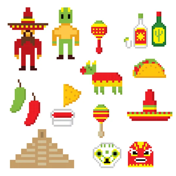 Mexico culture symbols icons set. Pixel art. Old school computer graphic style. — Stock Vector