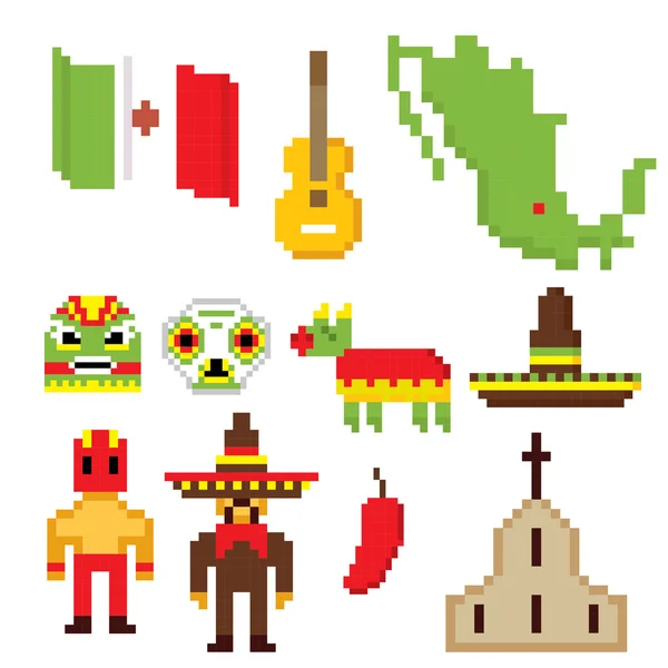Icônes de symboles de la culture mexicaine ensemble. Pixel art. Vieux style informatique graphique de l'école . — Image vectorielle