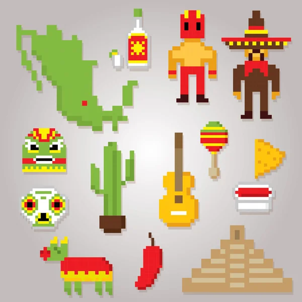 Símbolos da cultura do México conjunto ícones. Arte Pixel. Estilo gráfico de computador da velha escola . —  Vetores de Stock