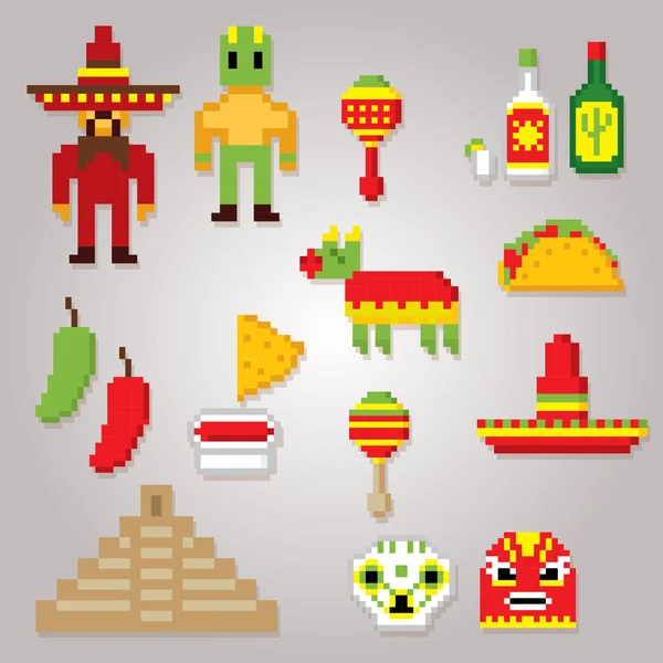 멕시코 문화 기호 아이콘 설정합니다. 픽셀 아트입니다. 구식 컴퓨터 그래픽 스타일. — 스톡 벡터