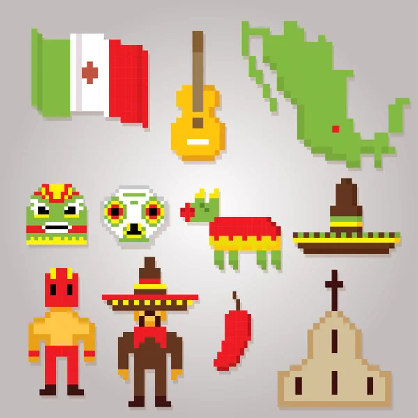 Símbolos da cultura do México conjunto ícones. Arte Pixel. Estilo gráfico de computador da velha escola . — Vetor de Stock