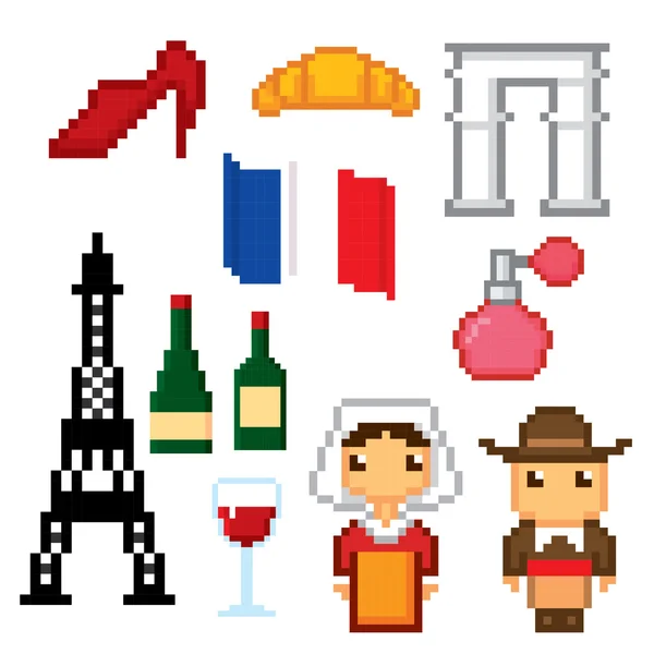 Francia cultura símbolos iconos establecidos. Pixel art. Estilo gráfico de computadora de la vieja escuela . — Vector de stock