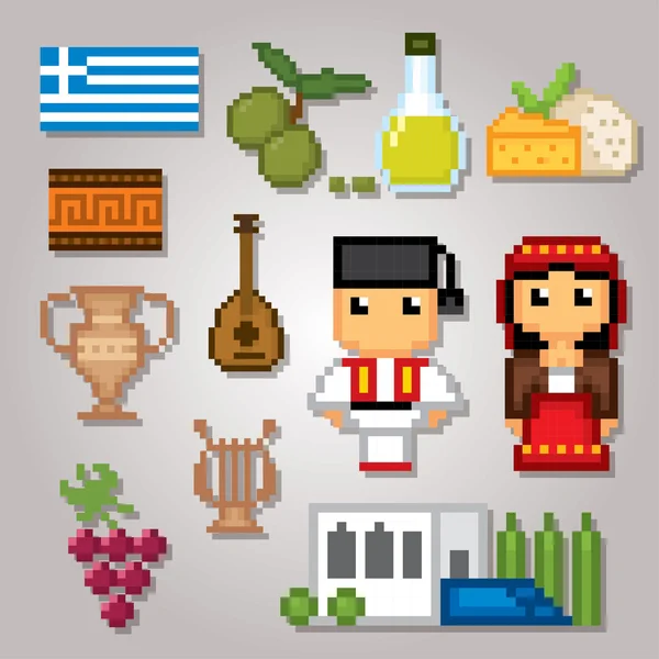 Yunanistan Kültür simgeleri simgeleri ayarlayın. Piksel sanat. Eski okul bilgisayar grafik stili. — Stok Vektör