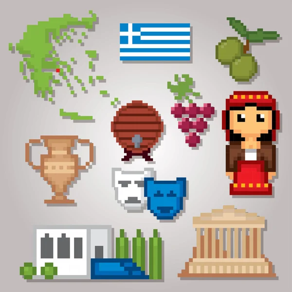 Griechische Kultur Symbole gesetzt. Pixelkunst. Computergrafik der alten Schule. — Stockvektor