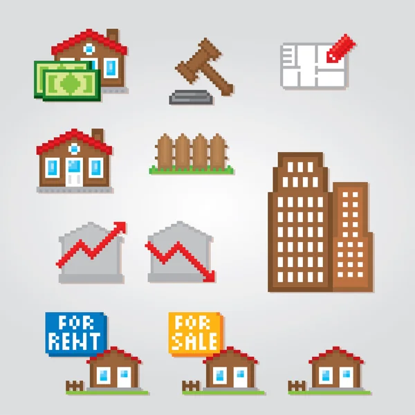 Real estate property rent and sale icons set. Pixel art. Old school computer graphic style. — Stock Vector