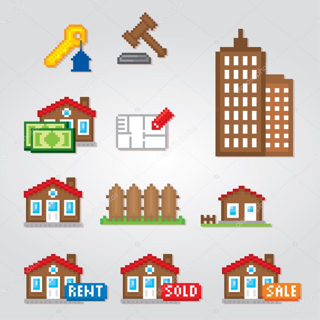 Real estate property rent and sale icons set. Pixel art. Old school computer graphic style.
