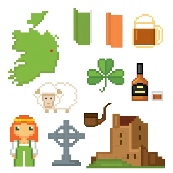 Irlanda simboli della cultura set di icone. Pixel art. Stile grafico del computer vecchia scuola . — Vettoriale Stock