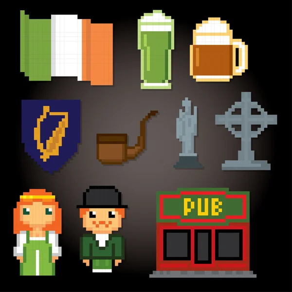 Ireland culture symbols icons set. Pixel art. Old school computer graphic style. — Stock Vector