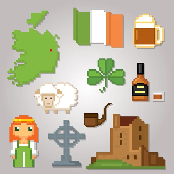 Irlanda simboli della cultura set di icone. Pixel art. Stile grafico del computer vecchia scuola . — Vettoriale Stock