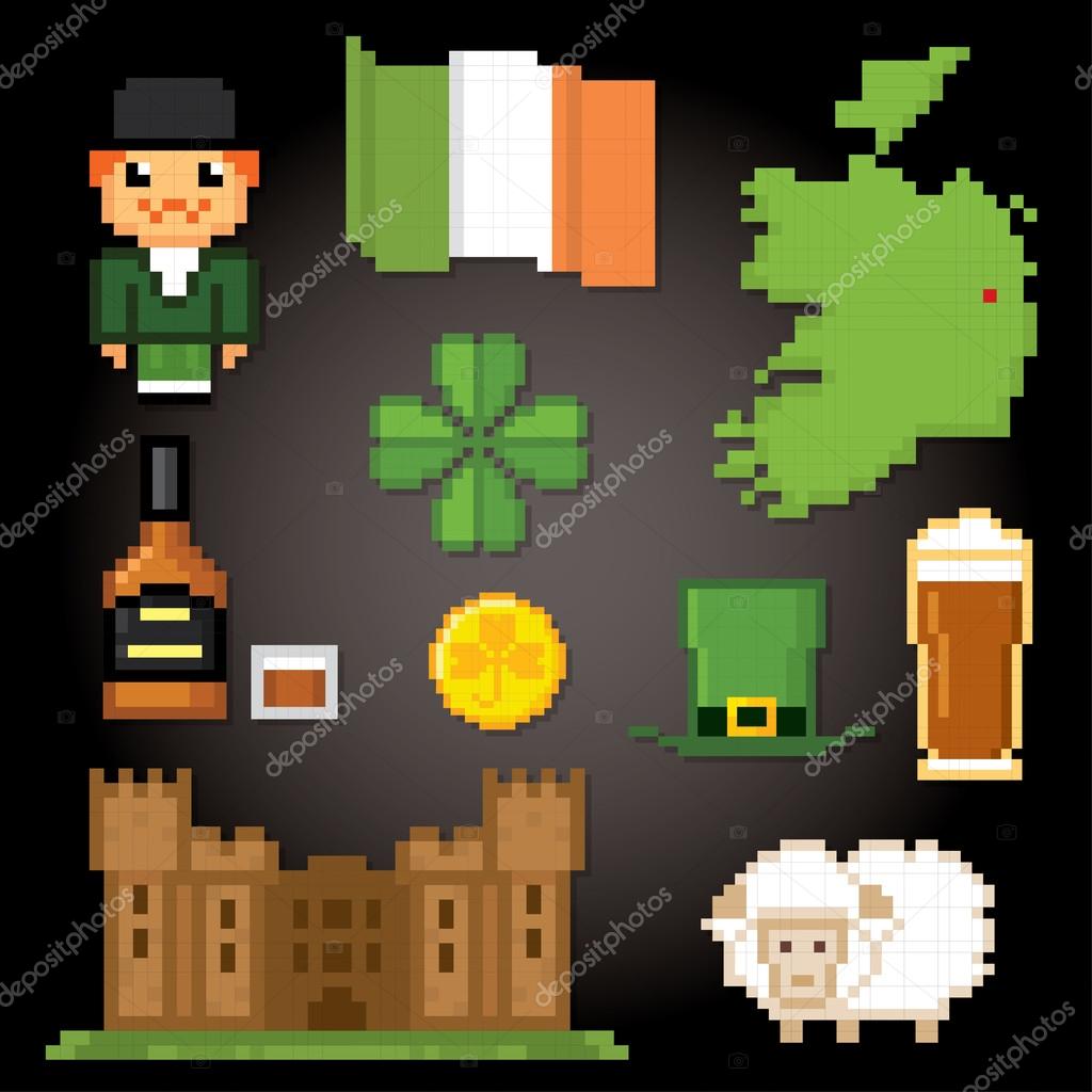 Ireland culture symbols icons set. Pixel art. Old school computer