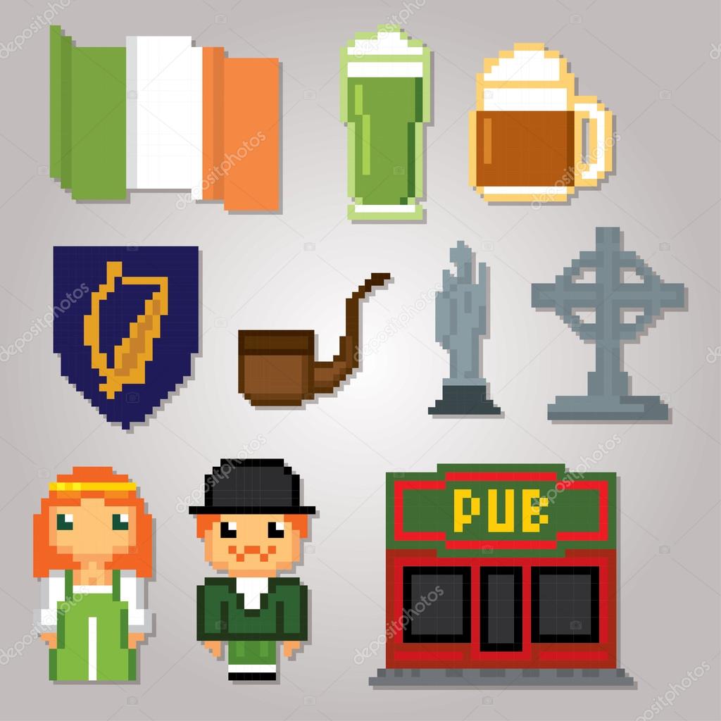 Ireland culture symbols icons set. Pixel art. Old school computer