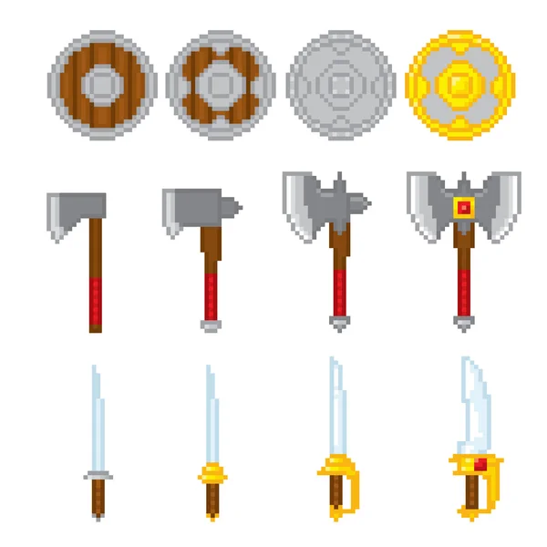 Game elements weapons. Pixel art. Old school computer graphic style. — Stock Vector