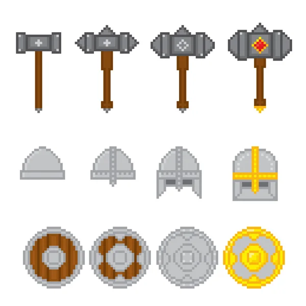 Game elements weapons. Pixel art. Old school computer graphic style. — Stock Vector