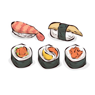 Suşi ayarlayın. Geleneksel Japon fast food. Çizilmiş vektör çizim el.