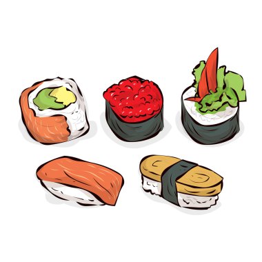 Suşi ayarlayın. Geleneksel Japon fast food. Çizilmiş vektör çizim el.