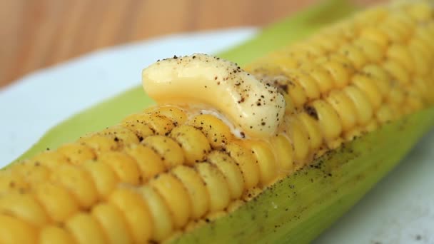 Mazorca de maíz hervida con mantequilla — Vídeo de stock