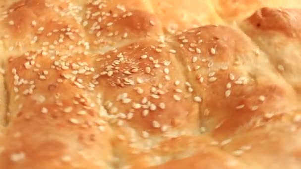 Pan de pita fragante con semillas de sésamo gira — Vídeo de stock