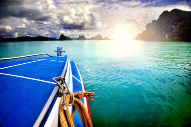 Amazing beautiful view of the sea, boat and clouds. Trip to Asia, Thailand
