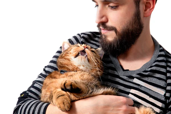Man hugging his beautiful cat on white background