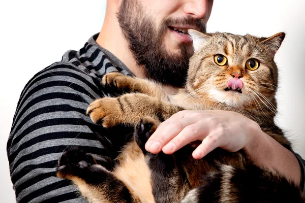 Man hugging his beautiful cat on white background