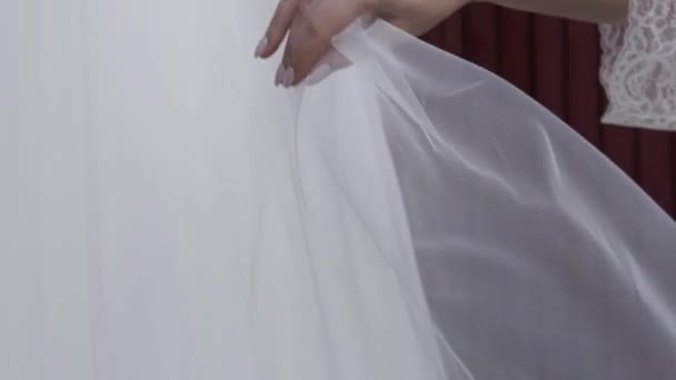 Невеста Гладит Свадебное Платье — стоковое видео
