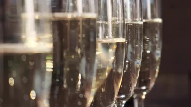 Champagne Filled Glasses Ready Celebratory Toast Glasses Filled Champagne Close — Stockvideo