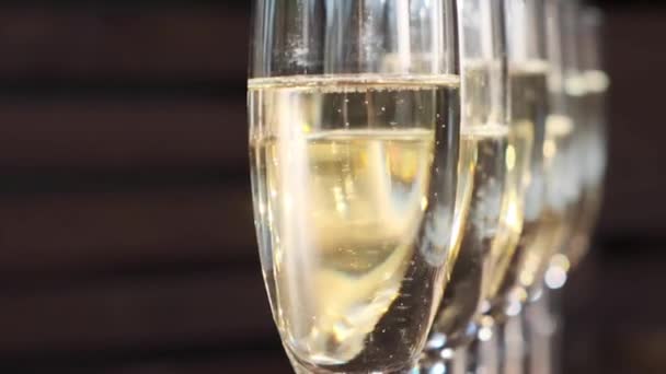 Champagne Filled Glasses Ready Celebratory Toast Glasses Filled Champagne Close — Vídeo de Stock