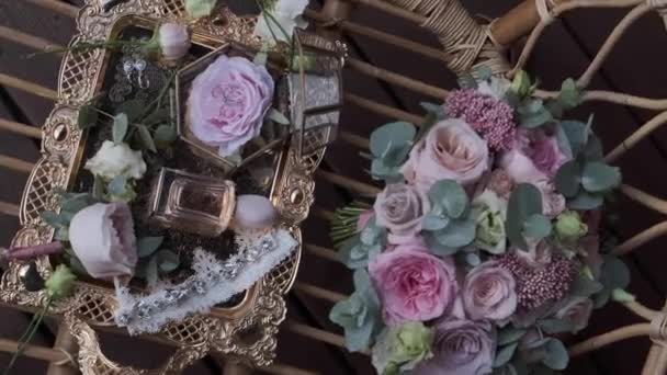 Cartões Flores Decoração Dispostos Casamento — Vídeo de Stock