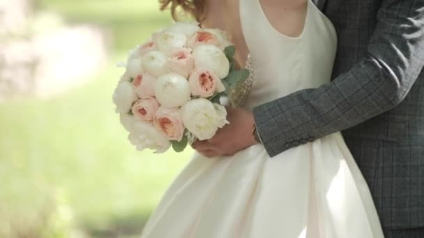 Bräutigam Umarmt Die Braut Auf Der Aussichtsplattform — Stockvideo