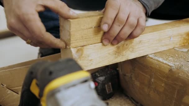 Rundarbeit Auf Holz Tischler Arbeitskleidung Und Handschuhen Schneidet Mit Der — Stockvideo