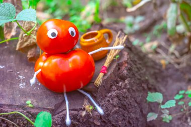 Bahçedeki domateslerden komik bir figür. Sebzelerle dekoratif bir çalışma örneği. Sonbahar hasadı.