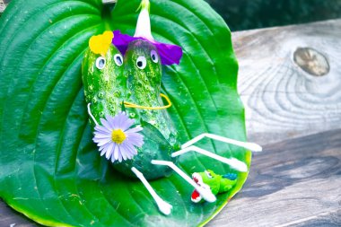 Bahçedeki salatalıklardan komik bir figür. Sebzelerle dekoratif bir çalışma örneği. Sonbahar hasadı.